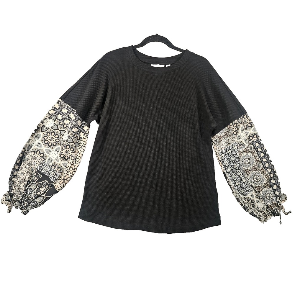 Belle Boho By Kim Gravel Waffle Knit Top S Patchwork Balloon Sleeve Thermal Chic